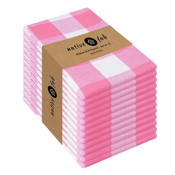 Native Fab Pink Checked Kitchen Towel 16"x26" - 12 Pack Buffalo Plaid Cotton Dish Towels - Absorbent Dishcloth Set, Soft Reusable Towels with Hanging Loop - Pink White