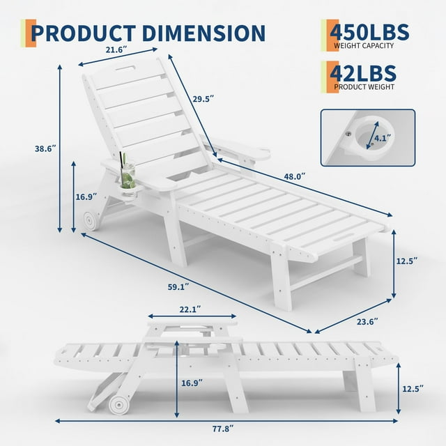 Chaise Longue Surdimensionnée en HDPE – Fauteuil Inclinable Réglable à 5 Positions – Porte-Gobelet Intégré – Résine Durable – Patio Extérieur, Bord de Piscine, Terrasse – Blanc