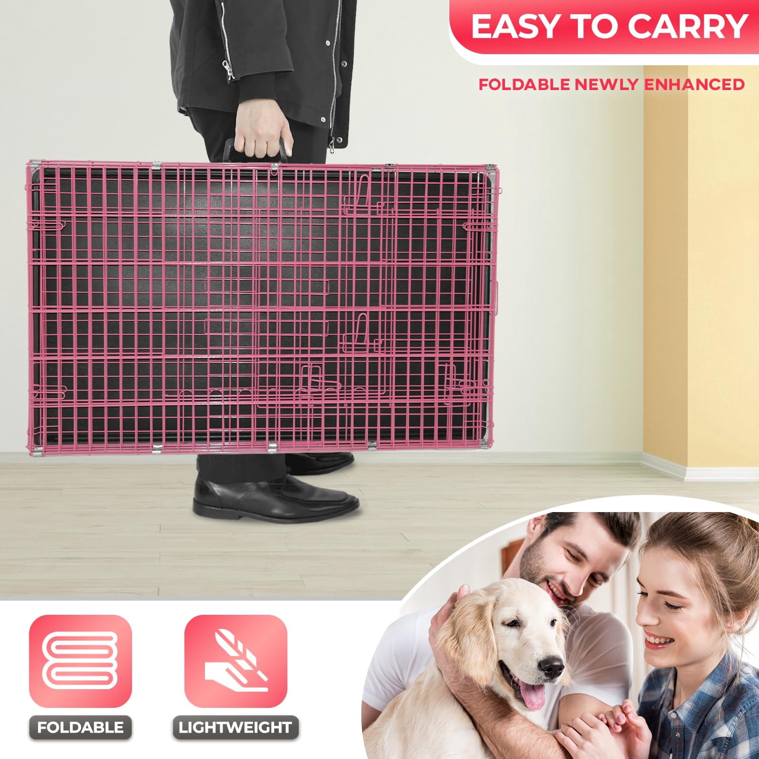 42 Inches Large Dog Crate with Divider Panel, Double Door Folding Metal Wire Dog Cage with Plastic Leak-Proof Pan Tray, Pet Kennel for Indoor, Outdoor, Travel, Pink
