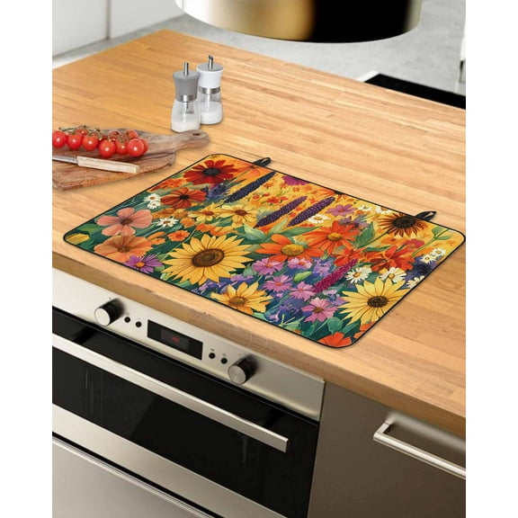nqOlkjepod Large Induction Cooktop Protector Mat 31"x24", Colorful Flowers Stove Top Covers for Electric Stove, Farmhouse Sunflower Daisy Decorative Stove Burner Cover Mats, Glass Top Stove Cover