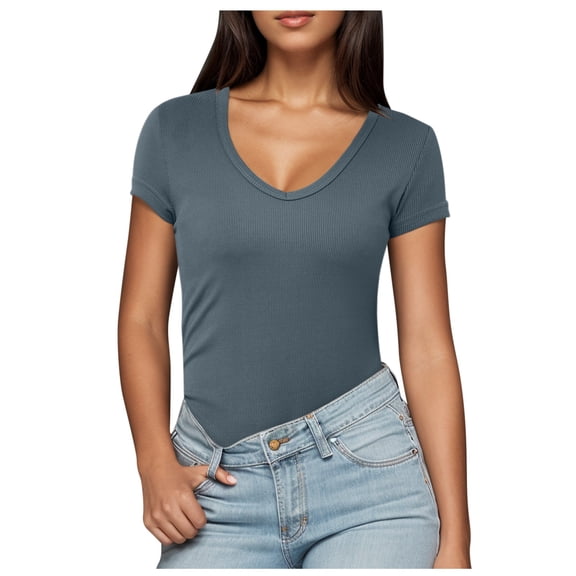 NJGRAE Black Tops for Women Women’S Slub Knit T-Shirts Women's Summer Top Solid Color Versatile Fashion Short Sleeved Top Women’S Ruffle Sleeve Tops L
