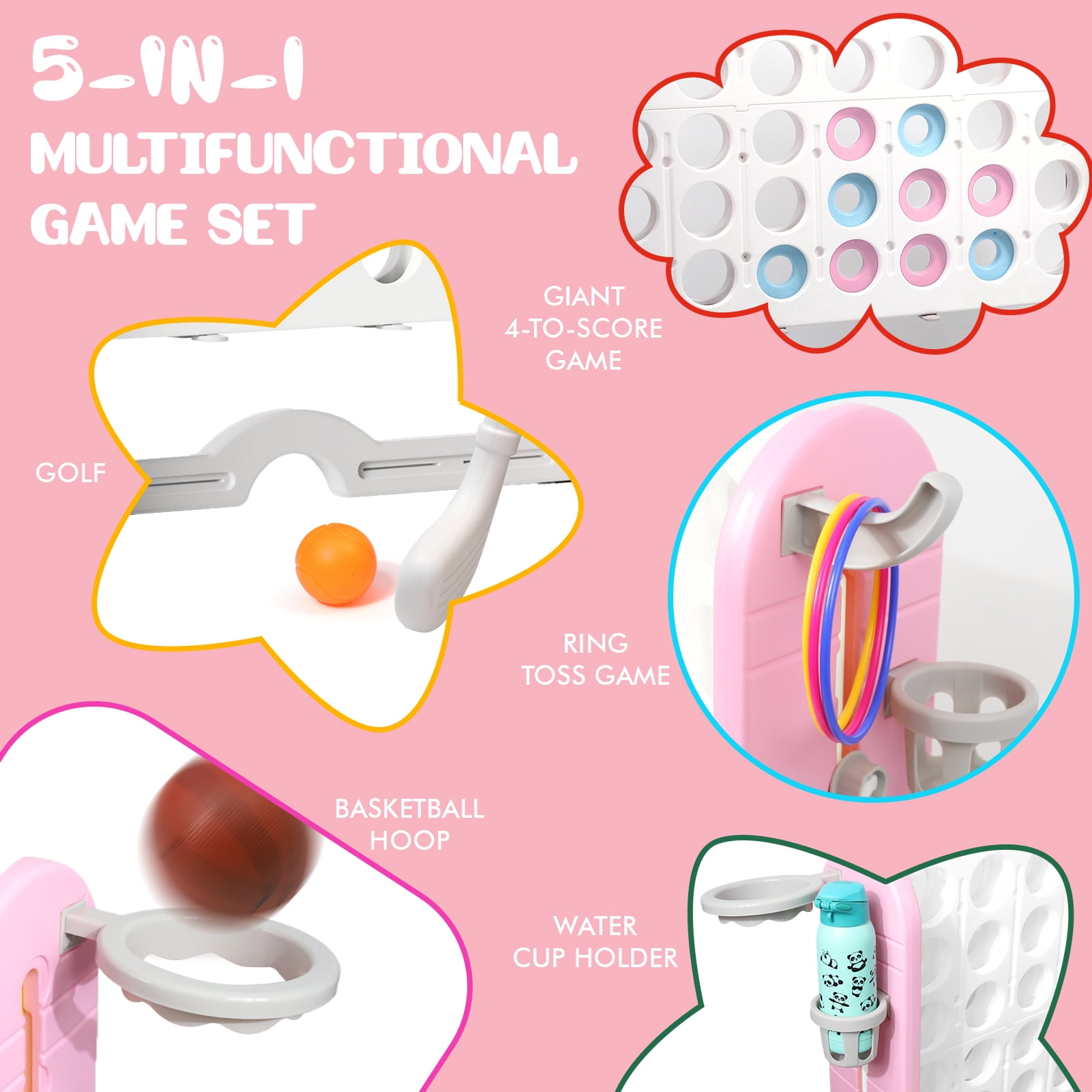 Wdmiya 4 in a Row Connect Games Set, Adjustable Height Connect 4 Jumbo Yard Family Game with Basketball Hoop, Mesh Pocket & Ring Toss,Indoor Outdoor Connect 4 Game for Kids Adults, White+Pink