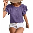thumbnail image 2 of Pretty Comy Women's Summer Pleated Round Neck Double Ruffle Sleeve Casual Top Solid Color T-shirt, 2 of 8