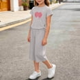 thumbnail image 5 of HOMBOM Girls Summer Outfits Heart Print Crew Neck Short Sleeve Top with Side Drawstring & Elastic Waist Capri Pants 2 Piece Casual Set Age 2-10Y,Gray,2-3 Years, 5 of 6