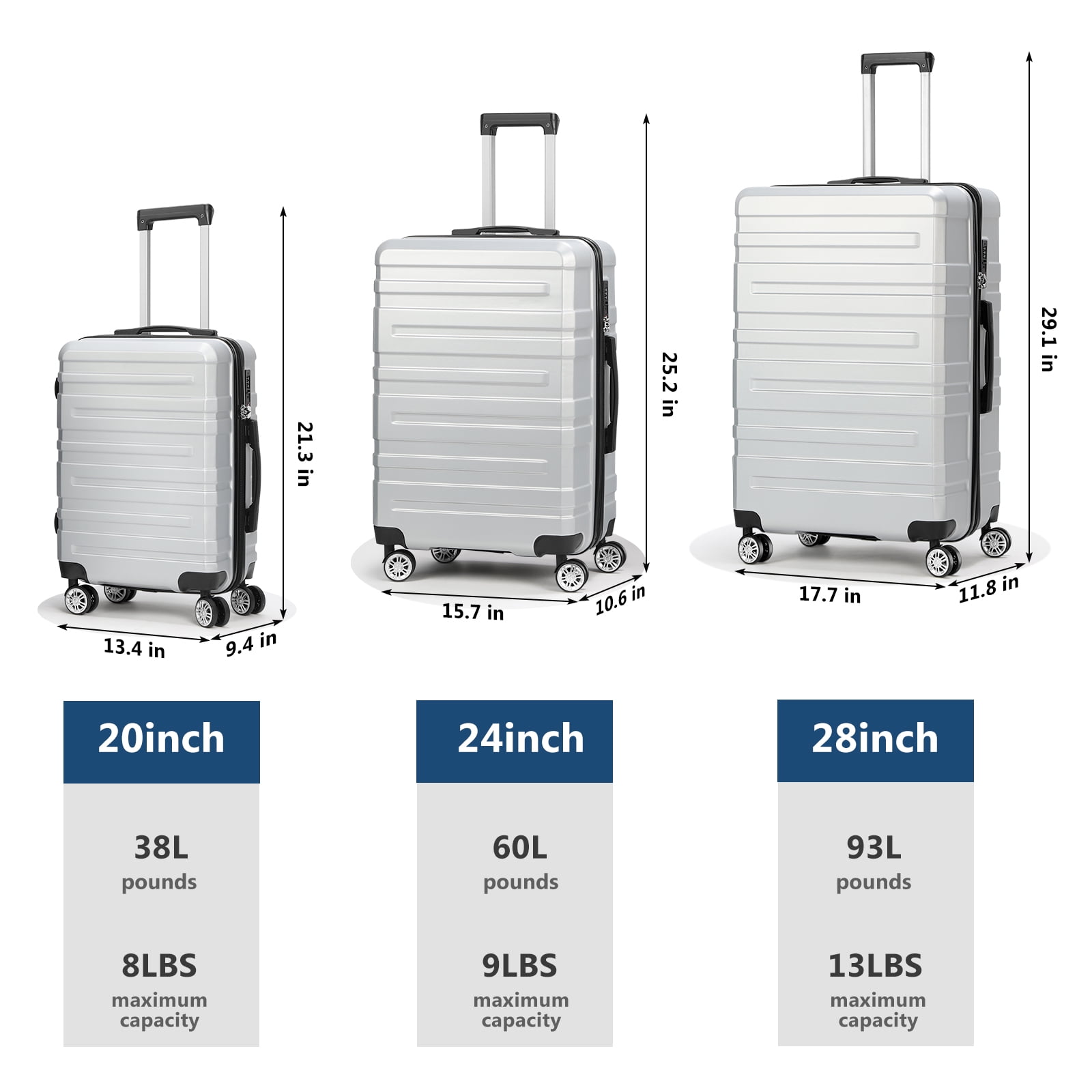 Hikolayae Luggage Sets Hardside Spinner with TSA Lock in Silver, 3 Piece