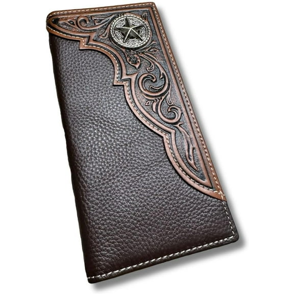 Mens Long Wallet Brown Leather Soft Leather Checkbook Style Cowboy High end Mens Wallets Leather Star Concho Tooled Wallet Hand Ultra Strong Stitching