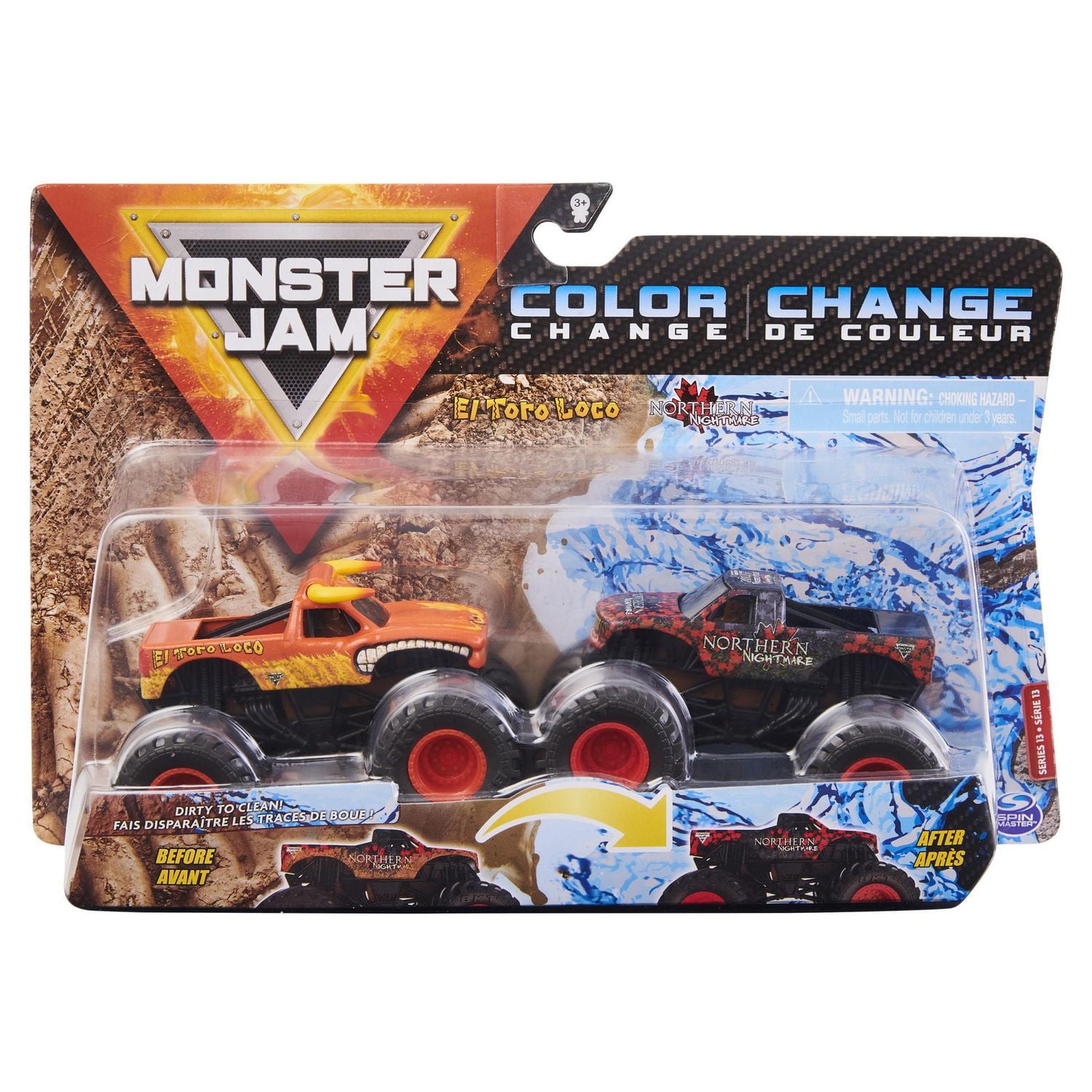 Monster Jam, Coffret de 2 monster trucks officiels en métal moulé El Toro Loco vs Northern Nightmare qui changent de couleur, échelle 1:64