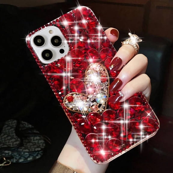 for iPhone 16 Pro Max Glitter Bling Case, Cute Luxury 3D Sparkle Shiny Heart Crystal Rhinestones Diamond Stunning Gemstones Shockproof Women Girls Phone Case for iPhone 16 Pro Max 6.9" (Red)