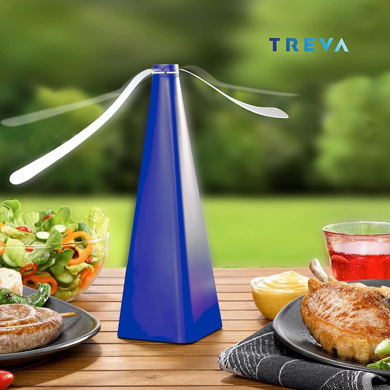 Treva Chemical Free Bug Fan Fly Deterrent with Holographic Blades to Clear Bugs, Mosquitoes, and Flies, Battery Powered Fly Fan - Dark Blue