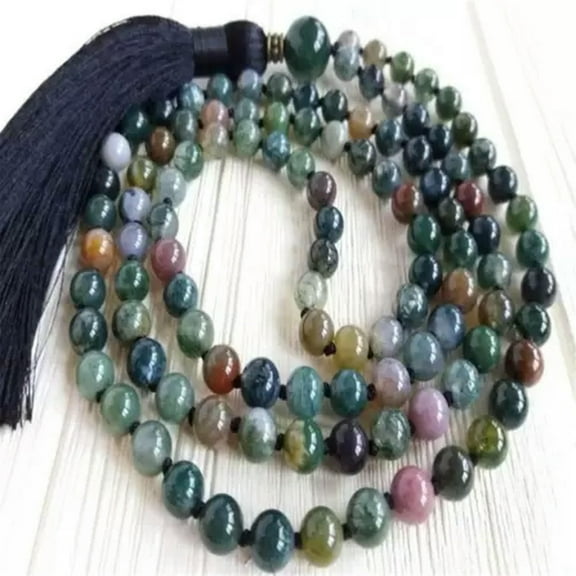 K-KED 6mm Moss Agate Gemstone 108 Beads mala Tassel Necklace Tibetan Chakra Gift