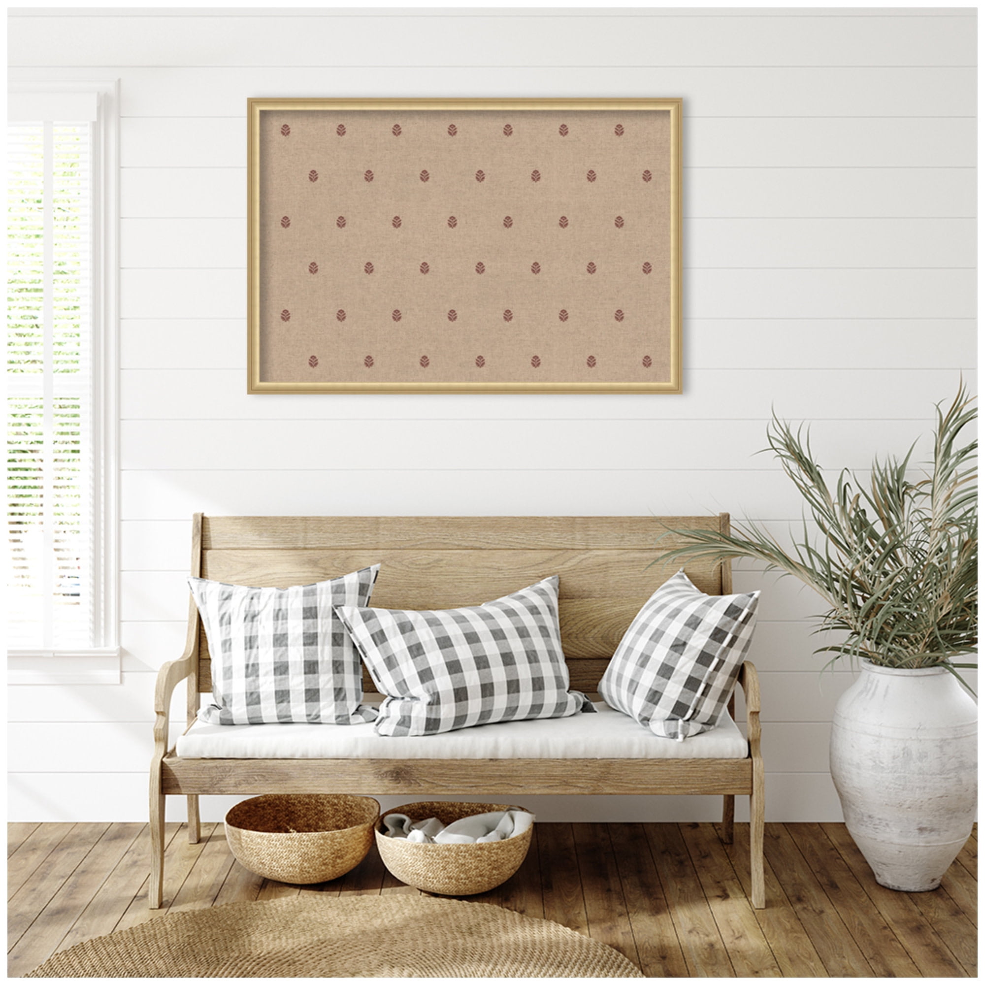 Kate and Laurel Framed Fabric Pinboard 38 x 26, Red Botanical Block Print Printed Linen Classic Bulletin Board for Use as a Vision Board or Wall Organization, Florence Gold Frame