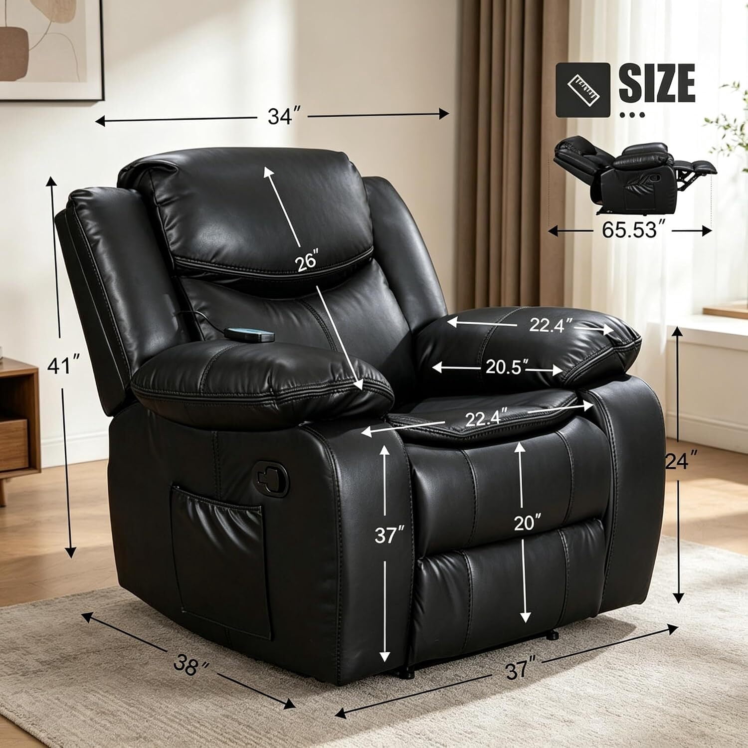 Recliner Chair,Oversized PU Leather Lounge Sofa 90°-160° Recline with 8 Vibration Massage Lumbar Heat Support 30D High Density Foam Side Storage Quick Assembly,Black