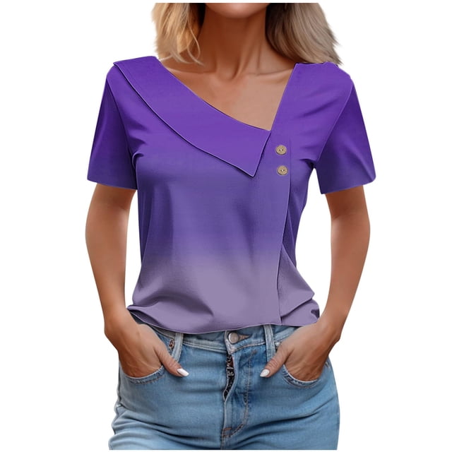 FAIWAD Going Out Tops for Women Irregular V Neck T-Shirts Gradient Short Sleeve Loose Summer Tops