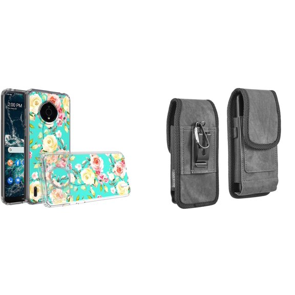 Case and Pouch Bundle for Nokia C200: Slim Series TPU Protector Case (White Pink Flowers on Teal) and Vertical Rugged Denim Nylon Belt Holster