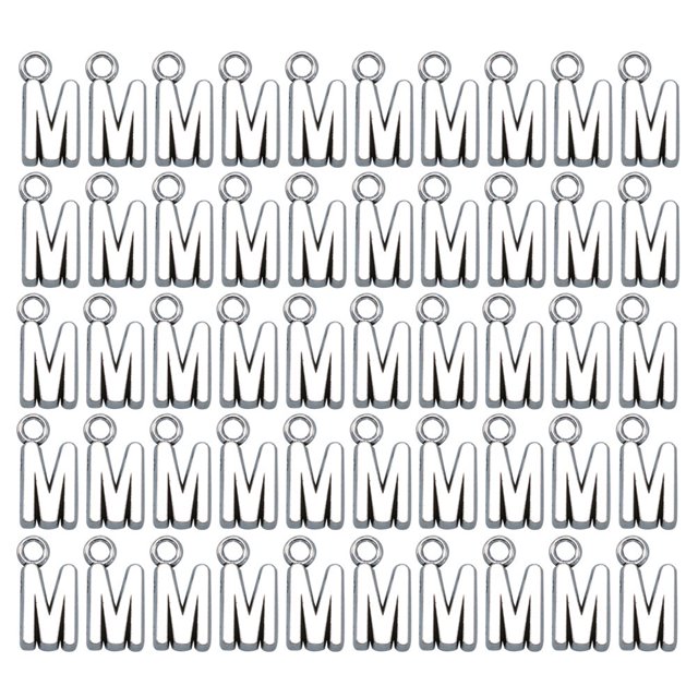 50pcs alfabeto inglés M colgante encantos de aleación accesorios de fabricación de joyería de bricolaje para collar pulsera (plata antigua)