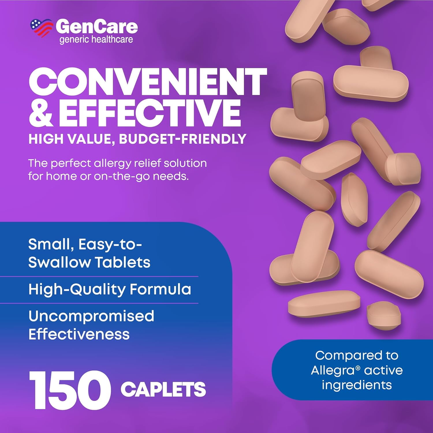 GenCare Allergy Relief Fexofenadine HCl 180 mg Non Drowsy Antihistamine, 150 Tablets