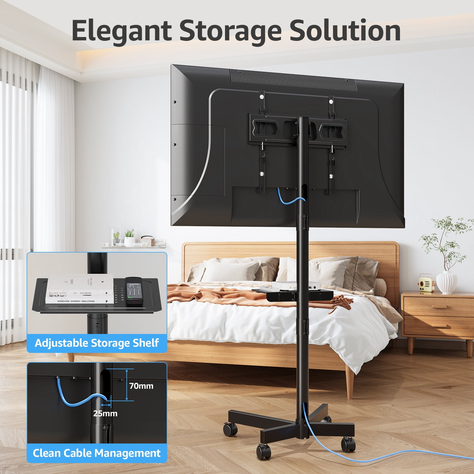 HOMOUNT Mobile TV Stand,Rolling TV Cart for 24-60" TVs, Portable TV Floor Stand with Wheels,Adjustable Shelf & Tilt,Max VESA 400x400mm,up to 77 lbs