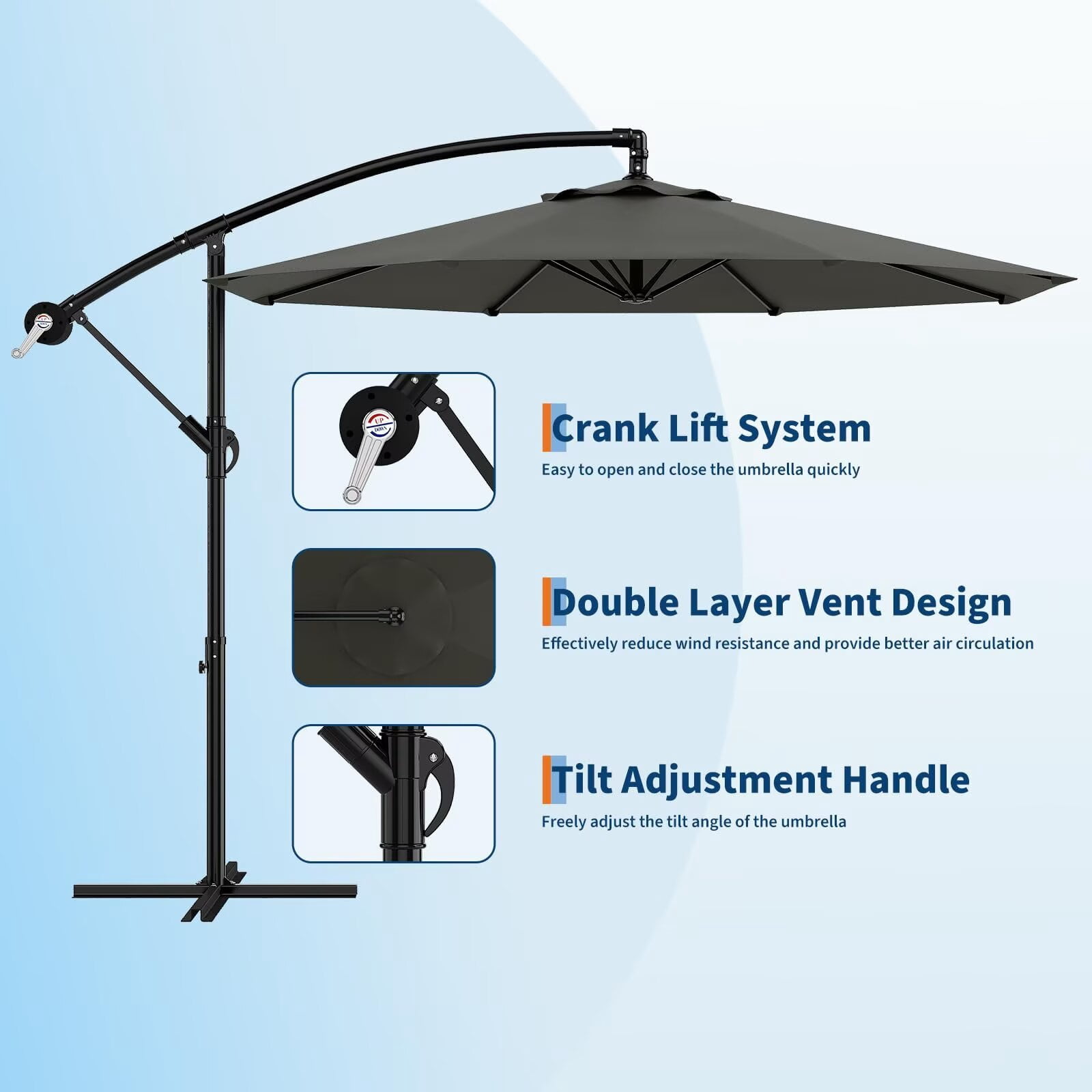 HELLONE 10FT Cantilever Umbrella outdoor patio, Offset Patio Umbrella with Easy Lift & Tilt Adjustment, UV Protection Fade Resistant for Deck, Pool, Garden, Grey