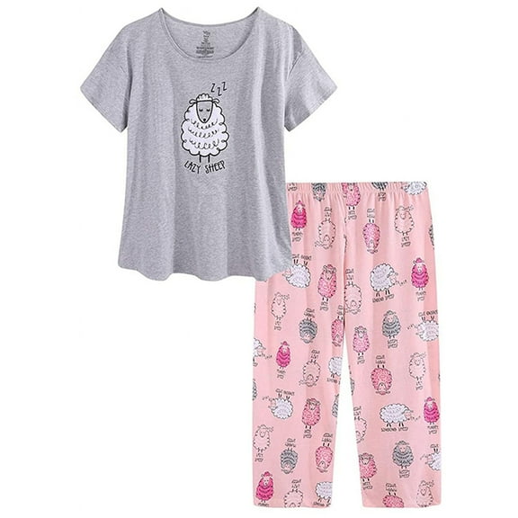 Youmylove Women Sleepwear Nightwear Cotton Pajamas Set Short Sleeve Top Capri Pants Sleepwear Plus Leisure Night-Clothes