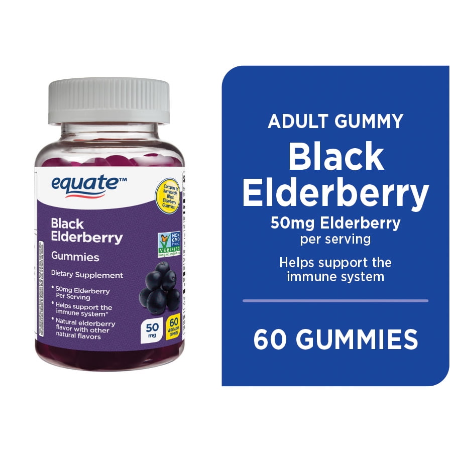 Equate Black Elderberry Dietary Supplement Gummies, 50 mg, 60 Count, Compare to Sambucol Black Elderberry Gummies