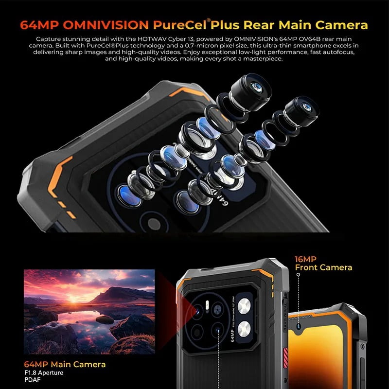 HOTWAV Cyber 13 Outdoor Mobile Phone, 16GB 128GB/1TB TF Rugged Smartphone, Android 14, 10800mAh Battery,Black
