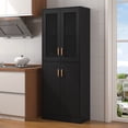 thumbnail image 3 of BOMETAO 71'' Tall Pantry Cabinet, Wood Storage Cabinet with 4 Ratton Doors and Adjustable Shelf, Boho Kitchen Panty with Metal Handle for Kitchen,Dining Room, Black, 3 of 8