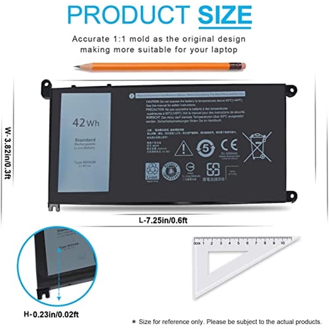 batería 42wh wdxor para laptop dell inspiron 13 15 5000 7000 series menlong Negra. Vista frontal rectangular y plana con etiqueta que indica 42Wh, bornes y orificios de montaje visibles; dimensiones mostradas L 7.25 in (18.4 cm) x W 3.82 in (9.7 cm). Su tamaño compacto la hace adecuada para reemplazo de batería en modelos Inspiron listados.