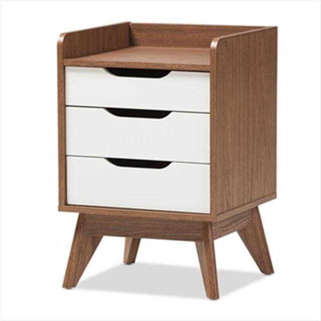 Baxton Studio Brighton-Noyer-Blanc-NS Brighton Table de Nuit de Rangement à 3 Tiroirs de Style Mi-Siècle Moderne Blanc et Bois de Noyer
