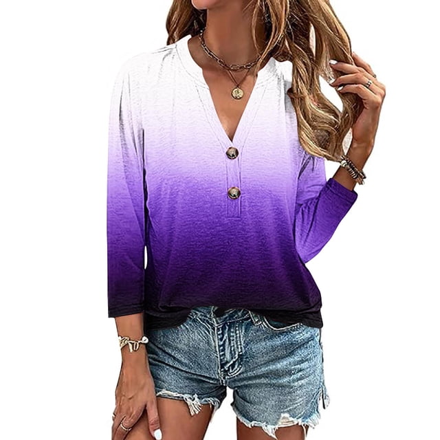 AOOCHASLIY Ladies' Clothes Clearances Womens 3/4 Sleeve V Neck Buttons Tee Gradient Color Blouse Loose Fit Tshirts Fall Tunic