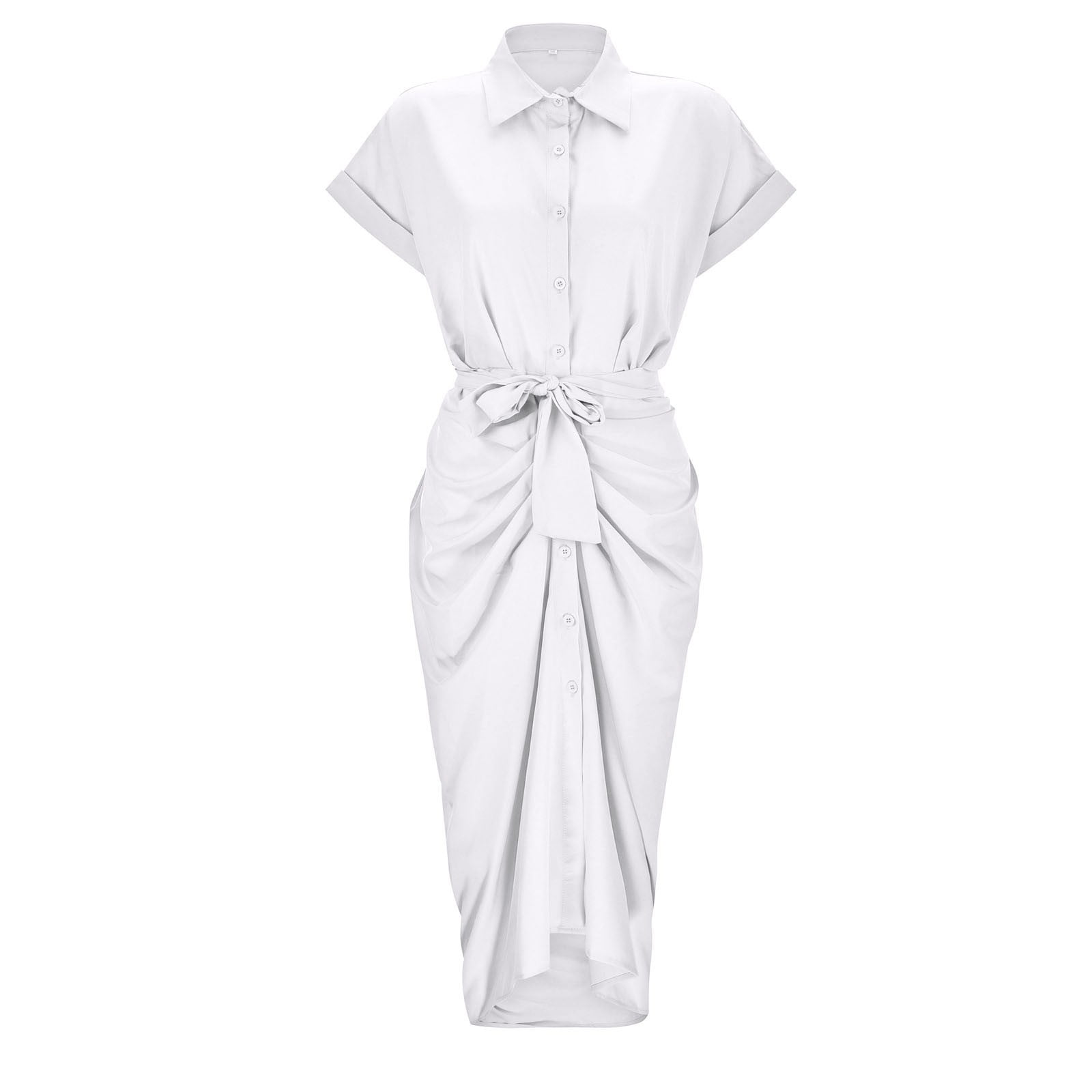Jamsmile Women Shirt Dress Summer Casual Button Down Solid Color Short Sleeve Belted Shirts Dress Elegant Loose Midi Dress Clothes