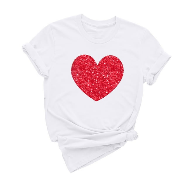 Dealovy T-Shirts pour Femmes Manches Courtes Col Rond Mignon Cœur Imprimé Couleur Unie Décontracté Été T-Shirts Unis