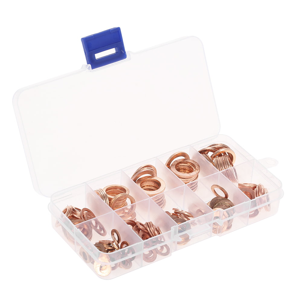 200pcs Copper Washer Gasket Set Flat Ring Seal Assortment Kit with Box M5-M14 