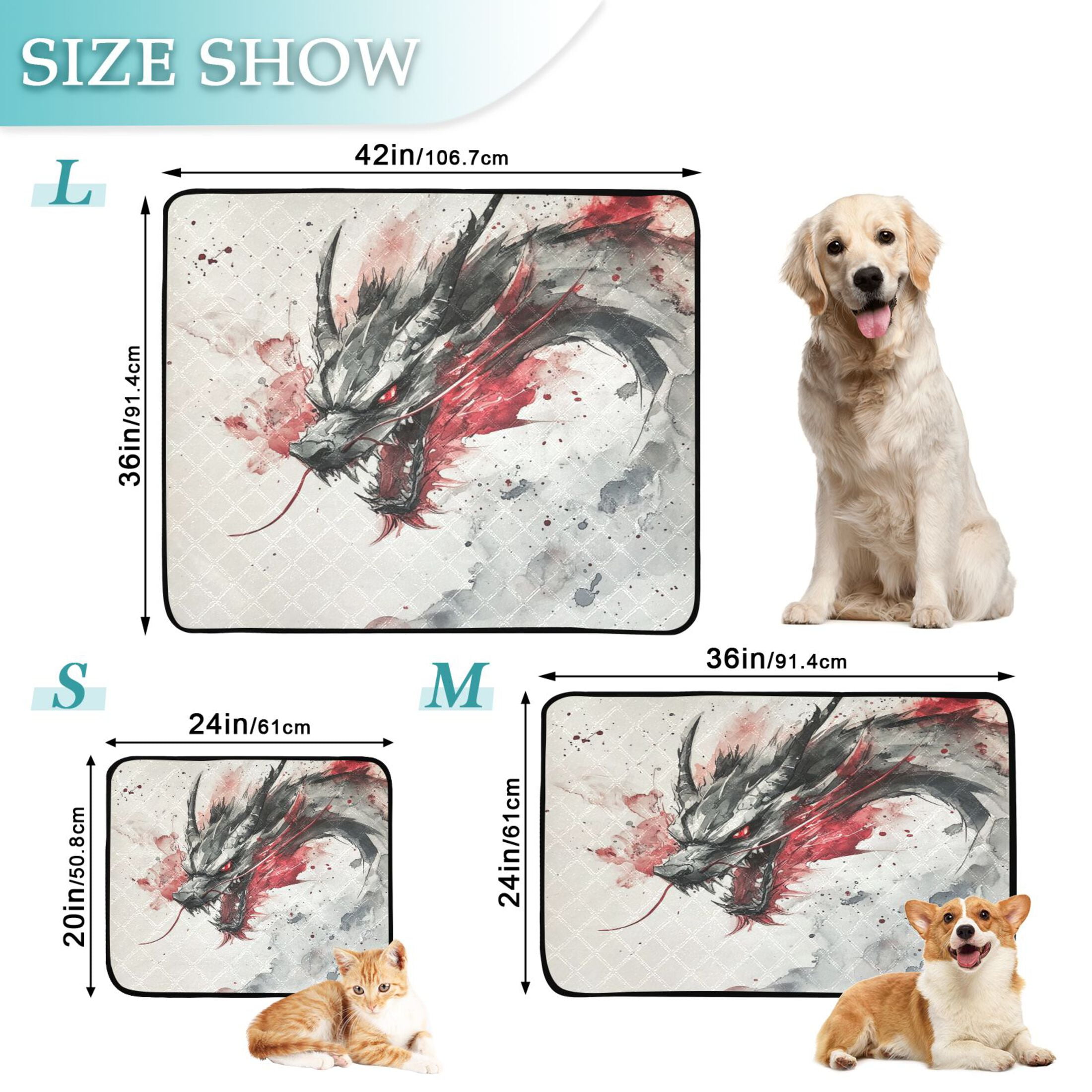 Qxltty Black and Red Dragon Cat litter Pads Pet Set of 3 Diaper Mats Center Anti-leakage Layer Absorbent Soft and Comfortable