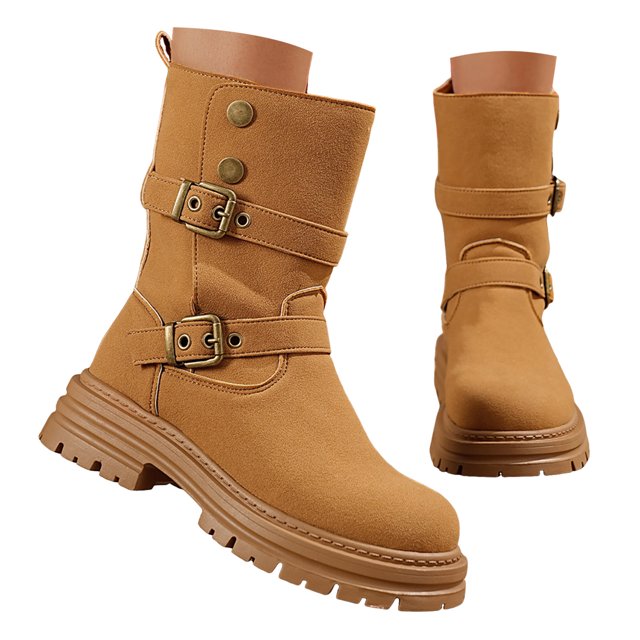 Rokment Women's Wide Mid Calf Platform Combat Boots Punk Fashion Casual Buckles Button Down Chunky Heel Riding Short Booties