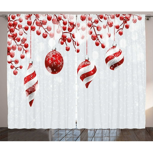 Christmas Curtains 2 Panels Set, Traditional Design Icons Holly Berry ...
