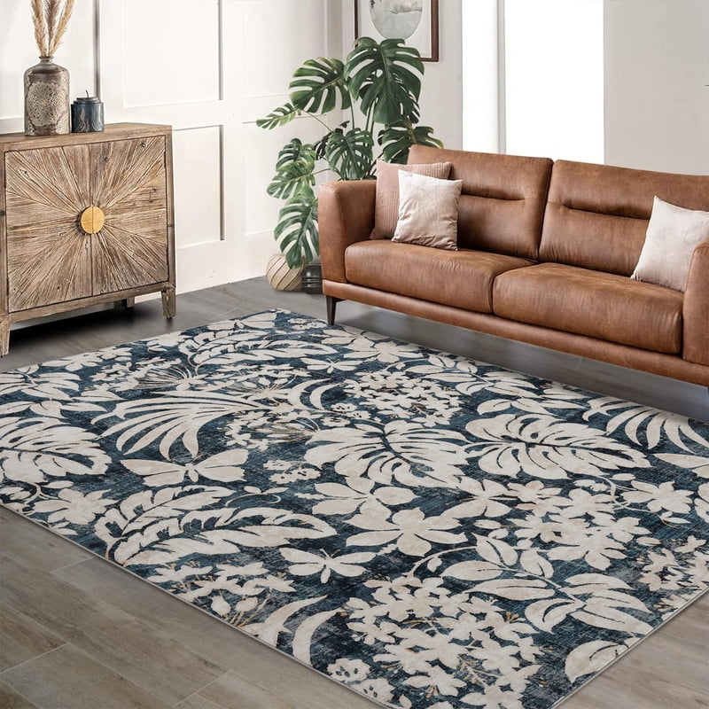 Washable 9x12 Large Area Rugs for Living Room Non-Slip Modern Botanical Floral Rugs Accent Floor Carpet for Bedroom Dining Room Blue
