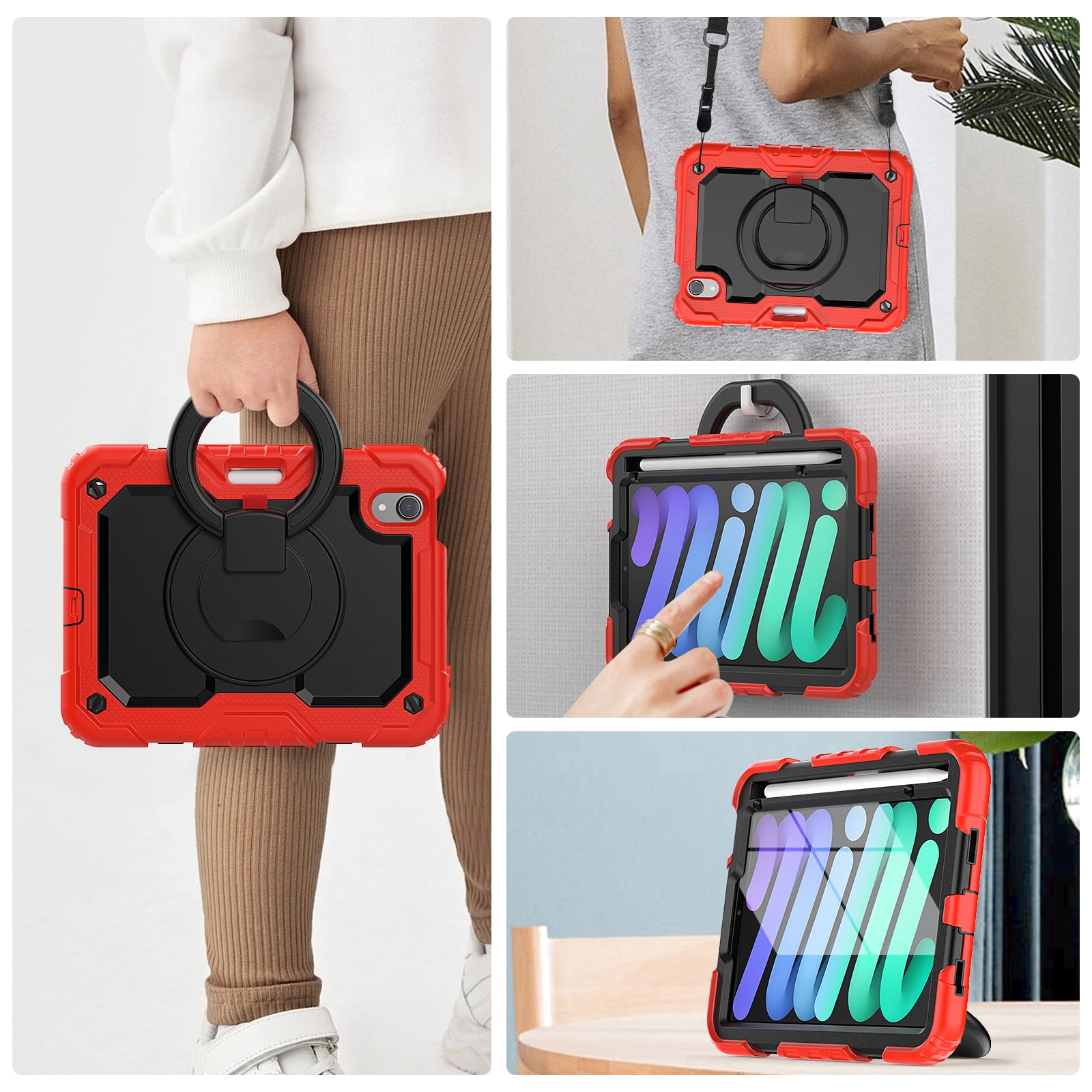 iPad Mini 6 Case 2021, Dteck 360 Rotating Heavy Duty Shockproof with Rugged Stand Pencil Holder for Kids Case for iPad Mini 6th Generation 8.3 Inch - Shoulder Strap, Screen Protector, Red