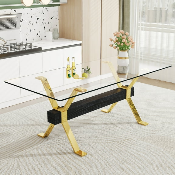 Tempered Glass Dining Table With Crossbar And Gold Metal Legs For Office Modern Desk Top, Home Use