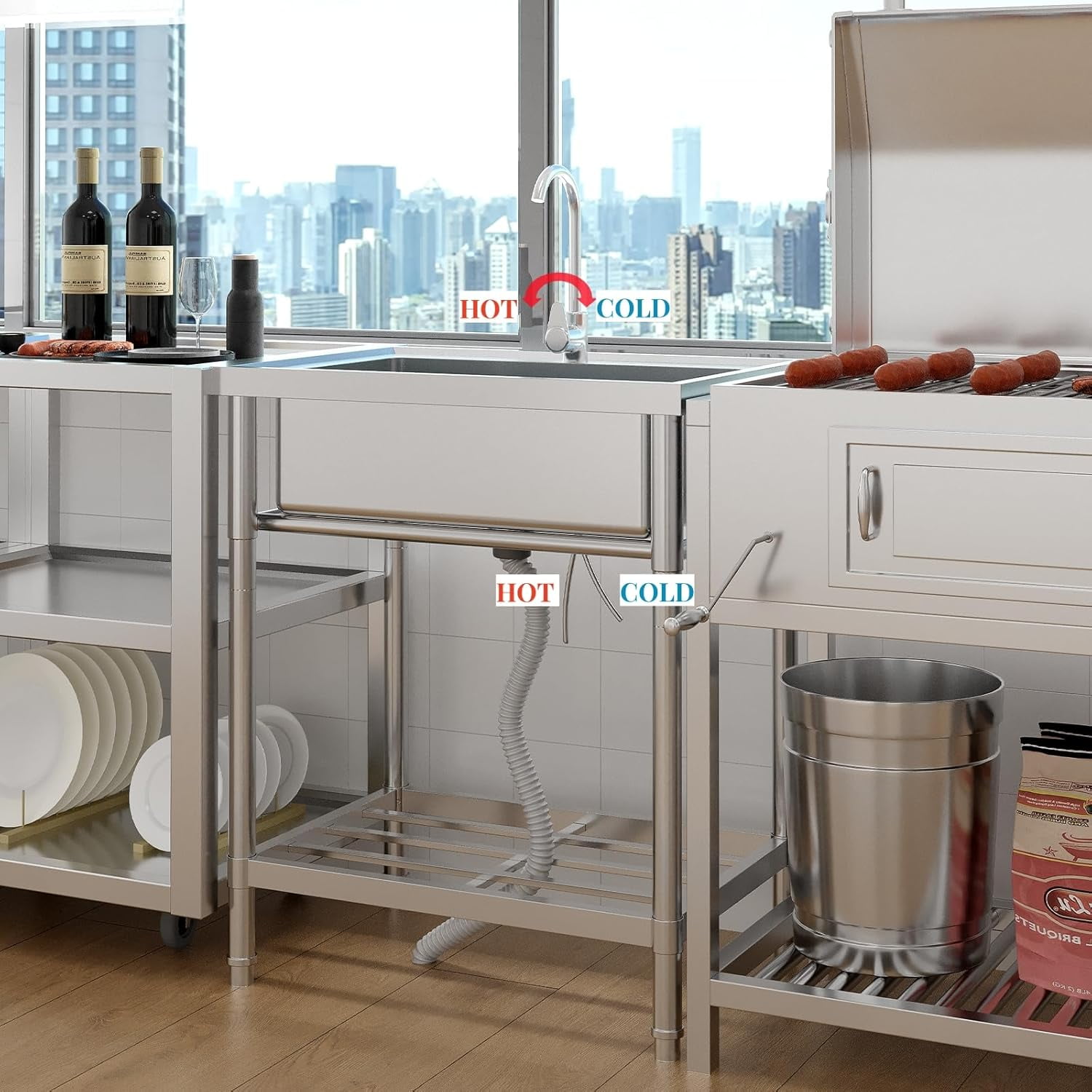 EastVita Stainless Steel Free-Standing Single Bowl Utility Laundry Sink with Faucet, Drainboard, Storage and Hot/Cold Water Plumbing for Restaurant, Workshop