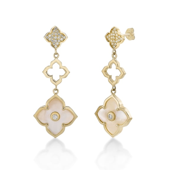 Yellow Gold Plated 925 Sterling Silver Three Flower Drop Earrings w/ Pearl & CZ