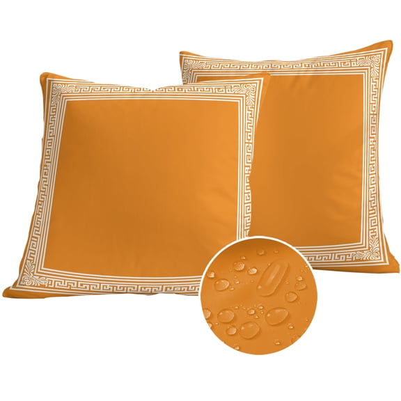 Orange Greek Key Outdoor Pillow Covers 24x24 Set of 2,Waterproof Patio Throw Pillowcase Protectors,White Greece Ancient Farmhouse Geo Decorative Pillow Shams Cushion Covers for Seat Bed Couch Sofa