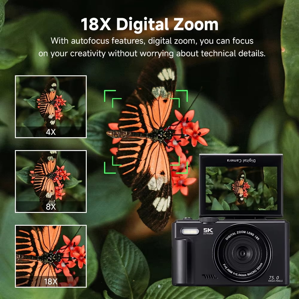 75MP 5K Vintage Digital Camera for Photography & YouTube Vlogging, 18X Digital Zoom, 180° Flip Selfie Screen, WiFi