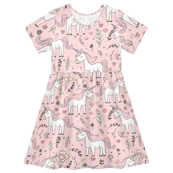 Line Unicorn Short Sleeve Dress A-Line Cute Midi Casual Sundress 2-8 Years