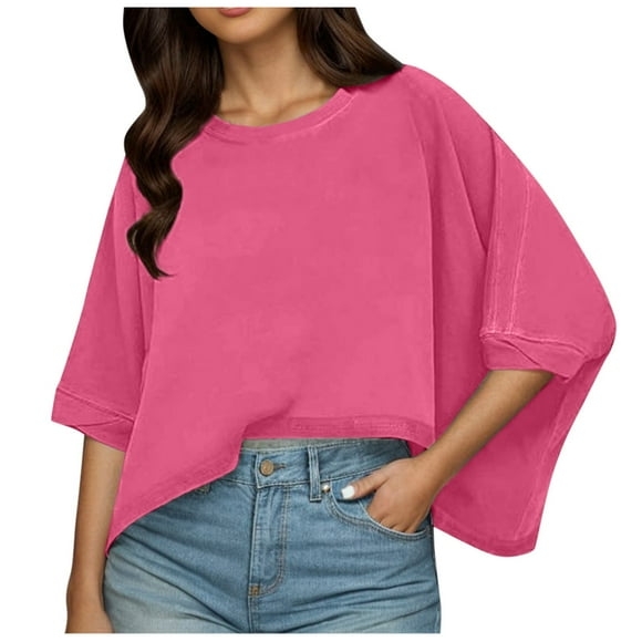 Hiiyo Women's Short Batwing Sleeve Loose T-Shirt Solid Casual Soft T Shirt, Sizes S-XXL
