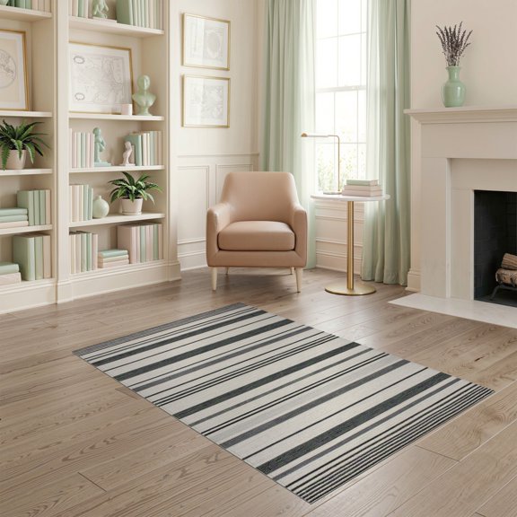 ODIKA Striped Modern Farmhouse With Bold Pinstripe And Banded Border Pet Friendly & Kids Safe Play for Playroom, Bedroom, Reading Nook