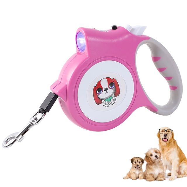 Correa retráctil para perros de dibujos animados: correa para perros escalable y resistente de 16 pies con linterna, rotura y bloqueo con un botón (rosa)