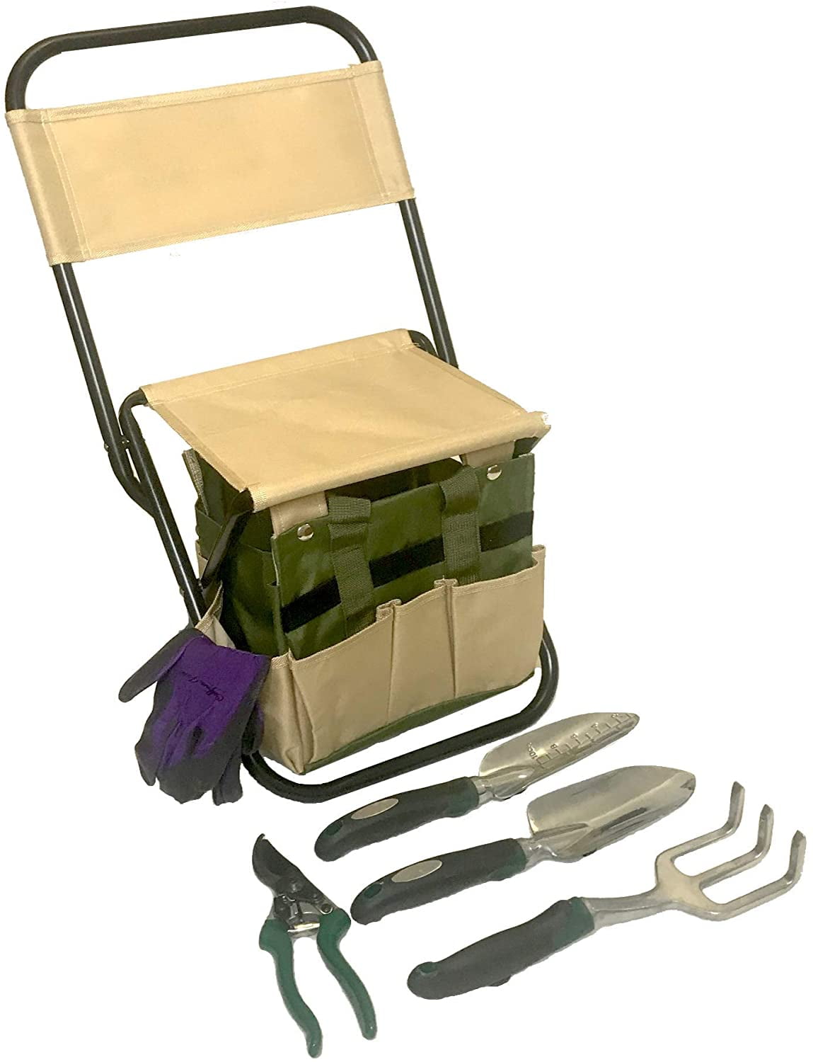 Folding Garden Stool Wooden Seat with Tote Gardening Tool Bag Plant Theatre 