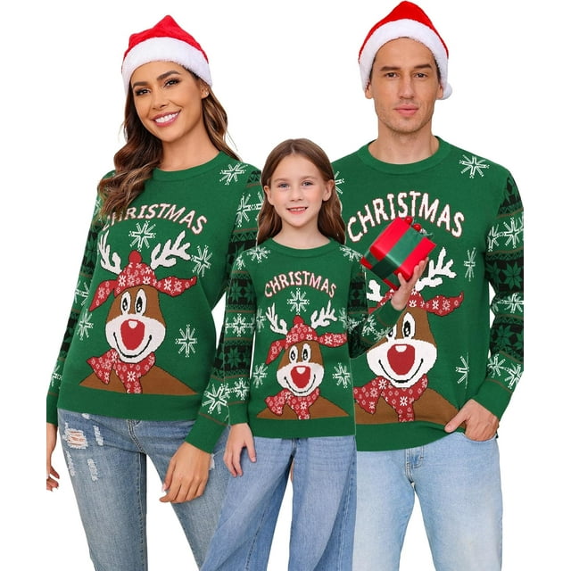 Marvmys Chandail de Noël Assorti pour la Famille Col Rond Rennes Flocons de Neige Chandail Tricoté Laid pour Hommes Femmes
