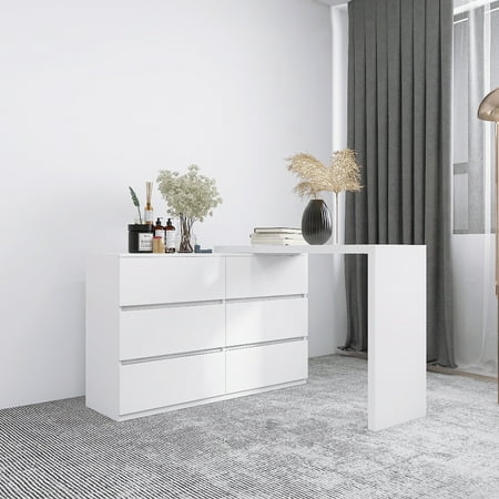 Modern Makeup Vanity Desk with 6 Drawers, L-Shaped Extendable Vanity Table with Storage Cabinet, Wood Dressing Table, Wide Desktop, for Bedroom Dressing Room