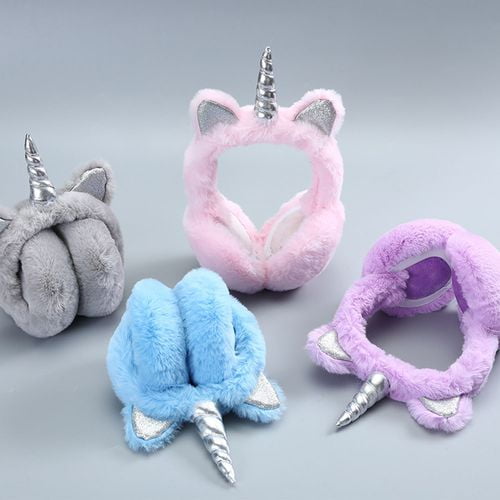 Women Girls Colorful Faux Fur Unicorn Ear Muffs Foldable Winter Ear Warmer Earmuff with Glitter Ears